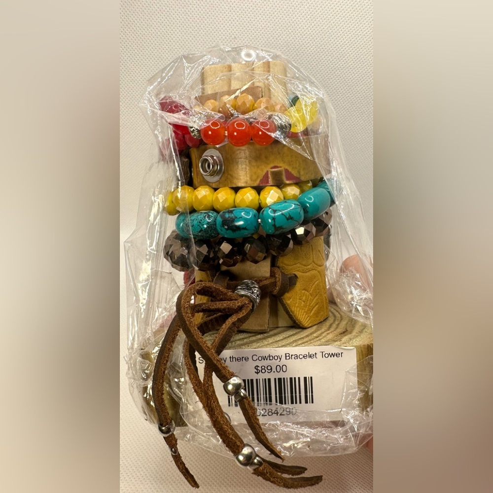 $140 ⭐️NEW Sandra Ling Leather and Stretch Bead Bracelet Set Stack w Tower Stand - Picture 5 of 9